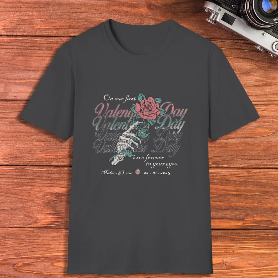 On Our First Valentine's Day Skull And Rose - Personalized Gifts For Couples - Unisex T-Shirt