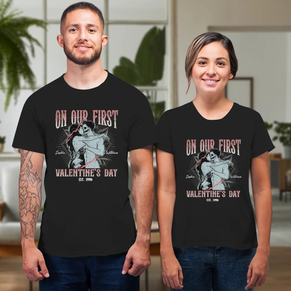 On Our First Valentine's Day Skull - Personalized Gifts For Couples - Unisex T-Shirt