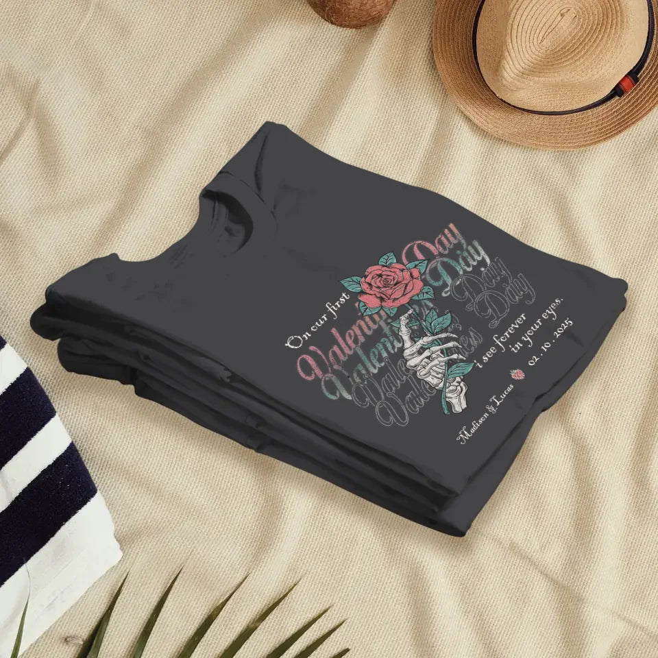 On Our First Valentine's Day Skull And Rose - Personalized Gifts For Couples - Unisex T-Shirt