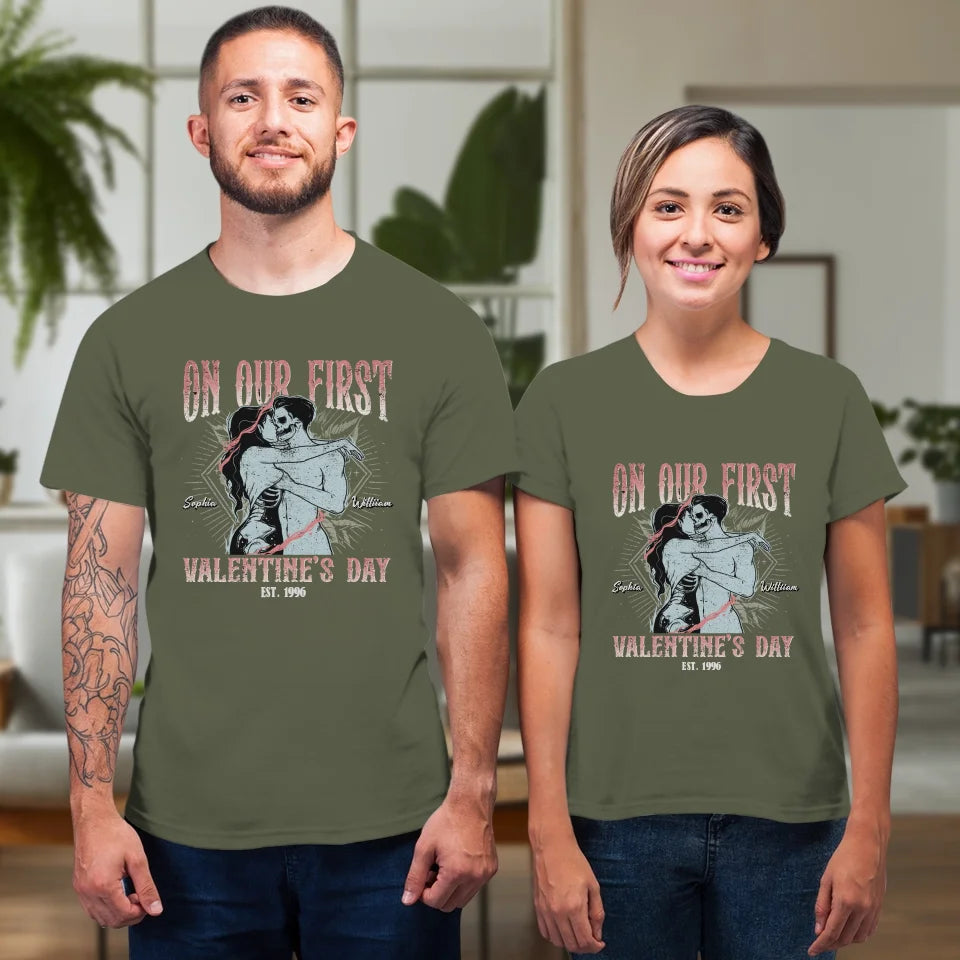 On Our First Valentine's Day Skull - Personalized Gifts For Couples - Unisex T-Shirt