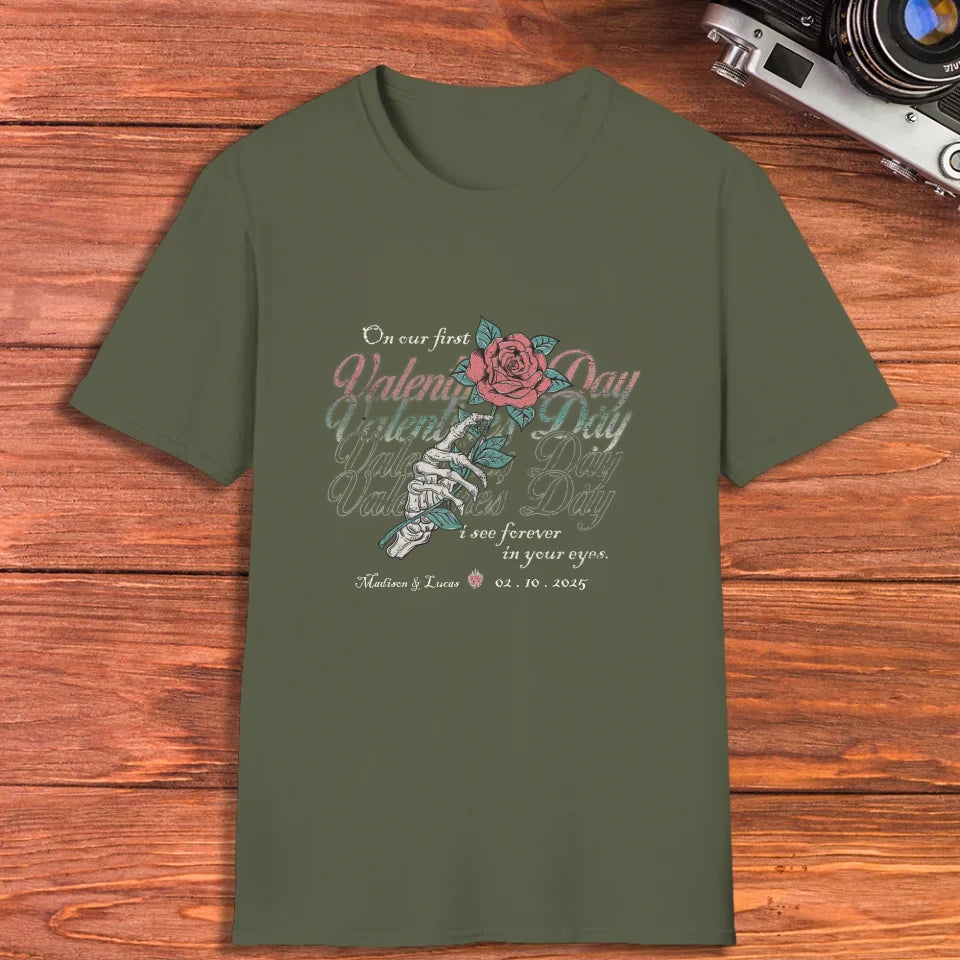 On Our First Valentine's Day Skull And Rose - Personalized Gifts For Couples - Unisex T-Shirt