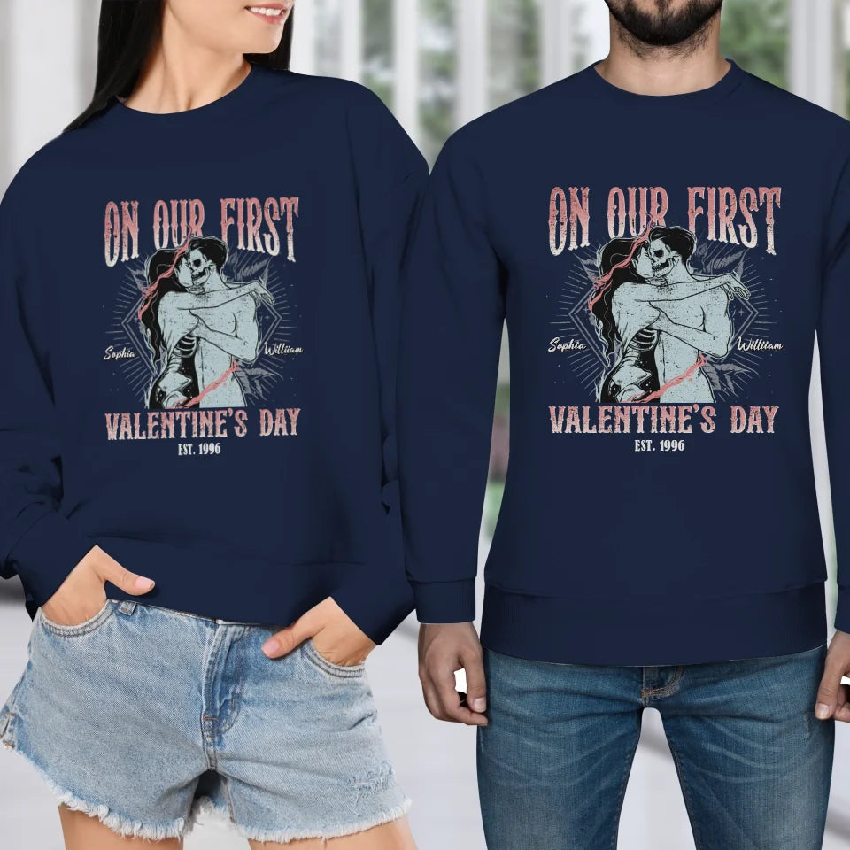 On Our First Valentine's Day Skull - Personalized Gifts For Couples - Unisex Sweater