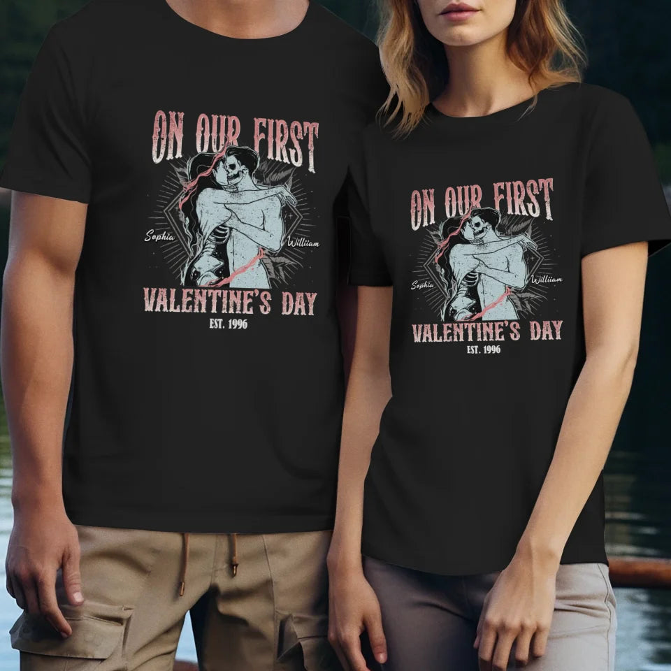 On Our First Valentine's Day Skull - Personalized Gifts For Couples - Unisex T-Shirt