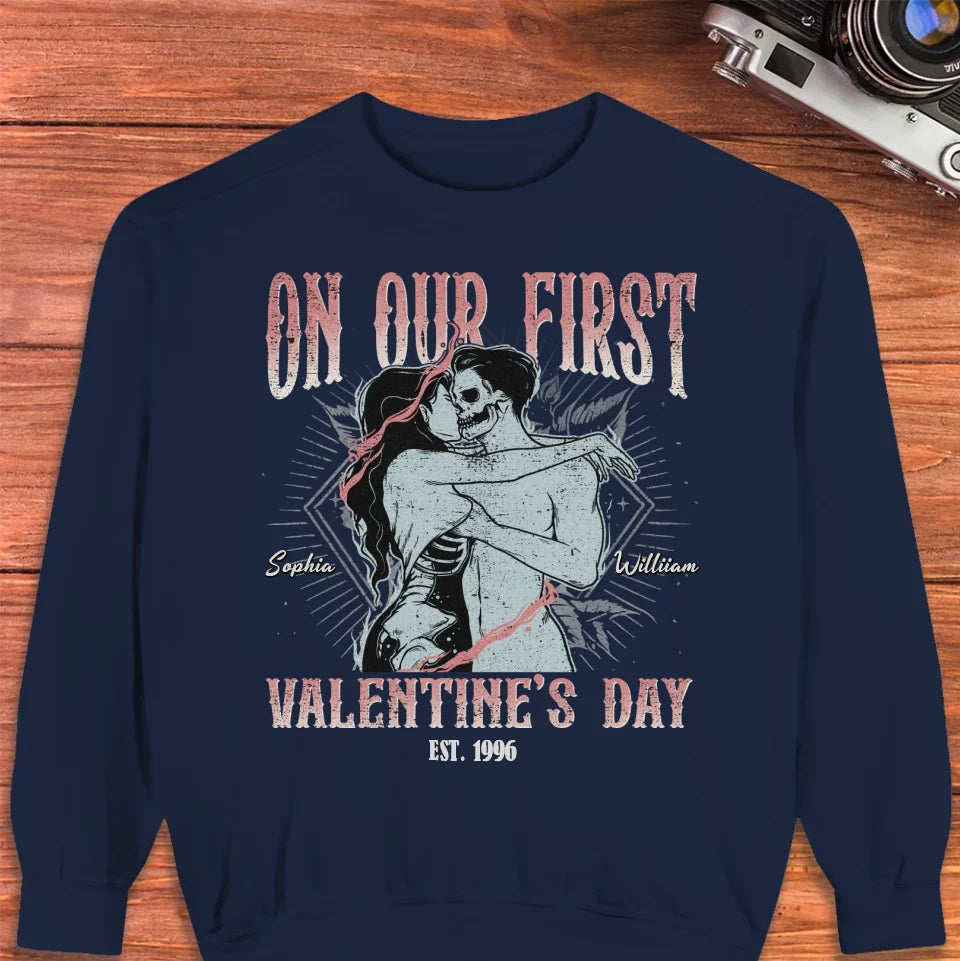 On Our First Valentine's Day Skull - Personalized Gifts For Couples - Unisex Sweater