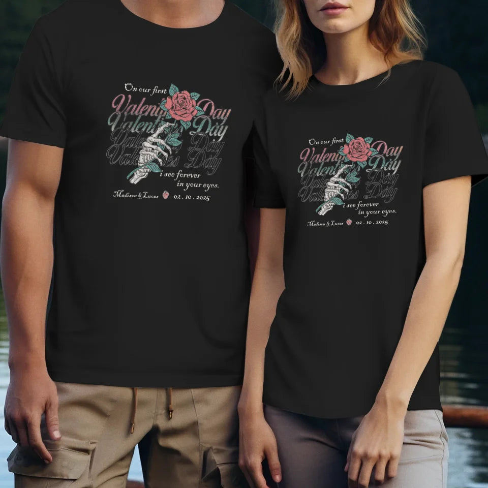 On Our First Valentine's Day Skull And Rose - Personalized Gifts For Couples - Unisex T-Shirt