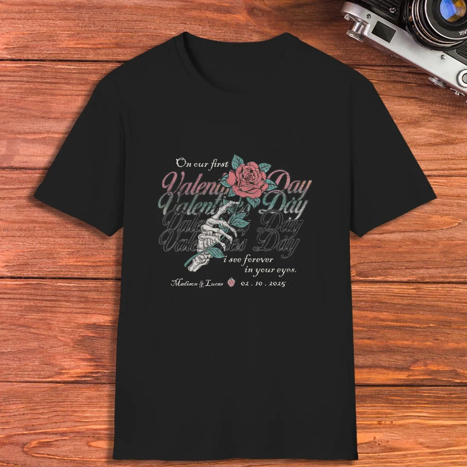 On Our First Valentine's Day Skull And Rose - Personalized Gifts For Couples - Unisex T-Shirt