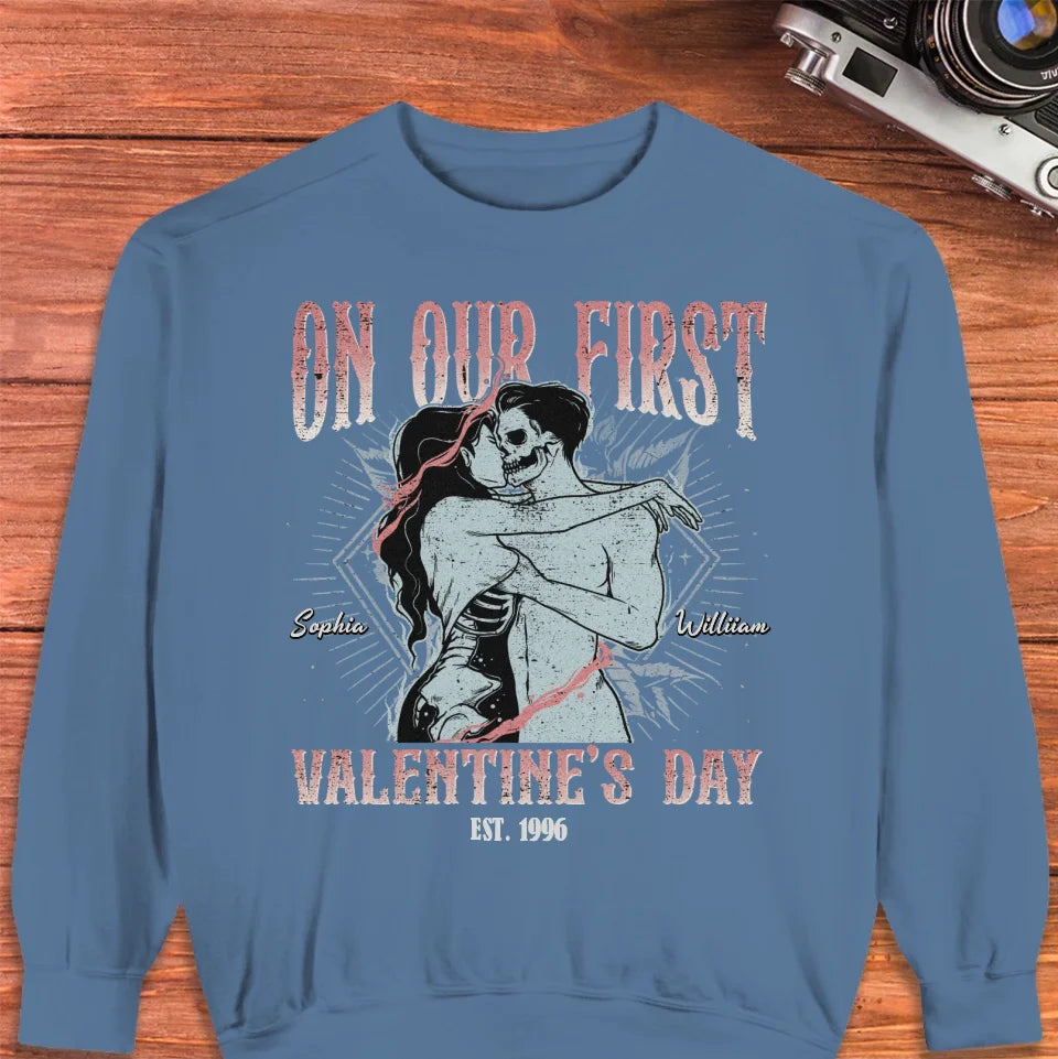 On Our First Valentine's Day Skull - Personalized Gifts For Couples - Unisex Sweater