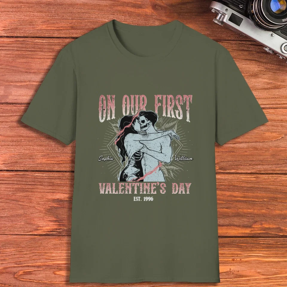 On Our First Valentine's Day Skull - Personalized Gifts For Couples - Unisex T-Shirt