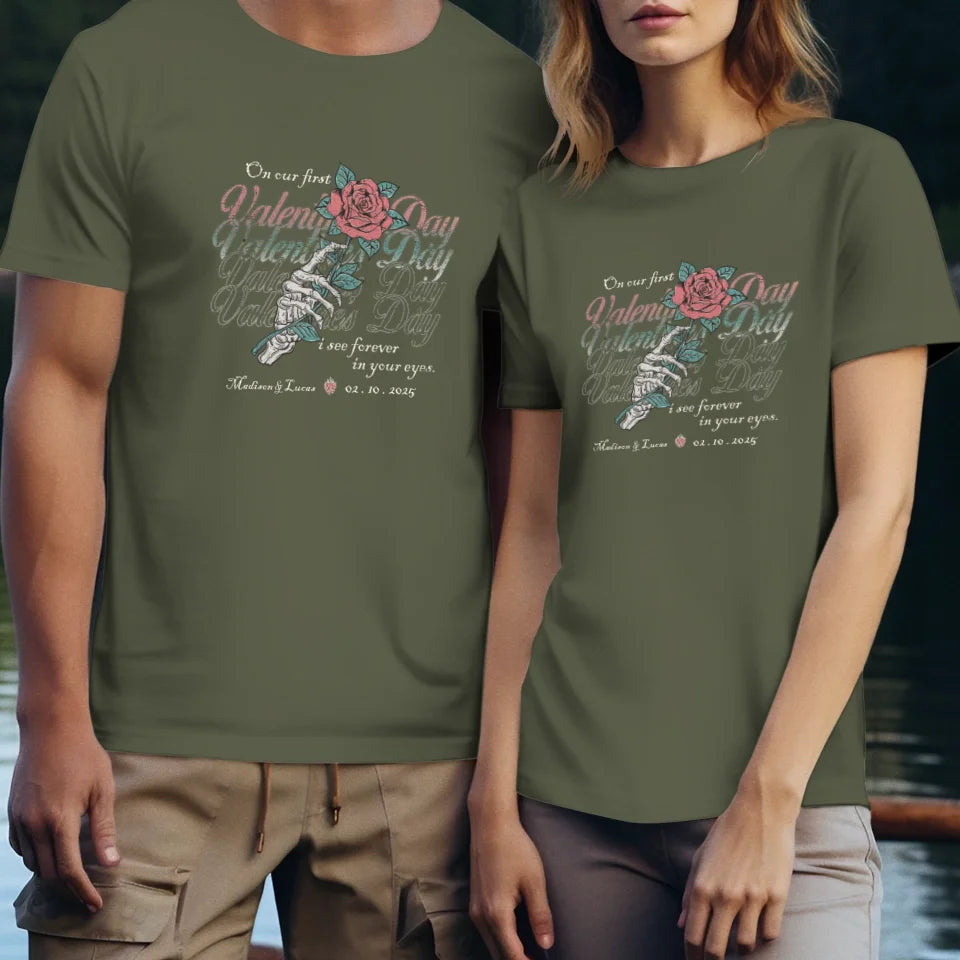 On Our First Valentine's Day Skull And Rose - Personalized Gifts For Couples - Unisex T-Shirt