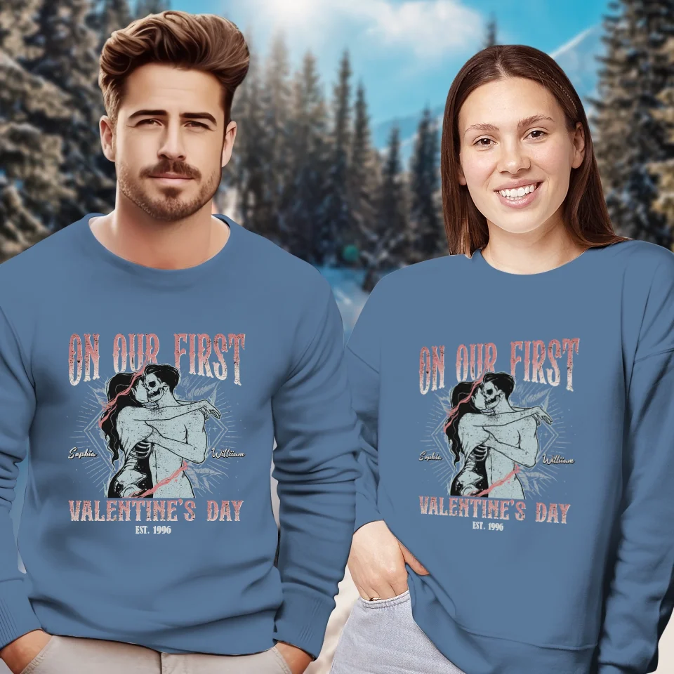 On Our First Valentine's Day Skull - Personalized Gifts For Couples - Unisex Sweater