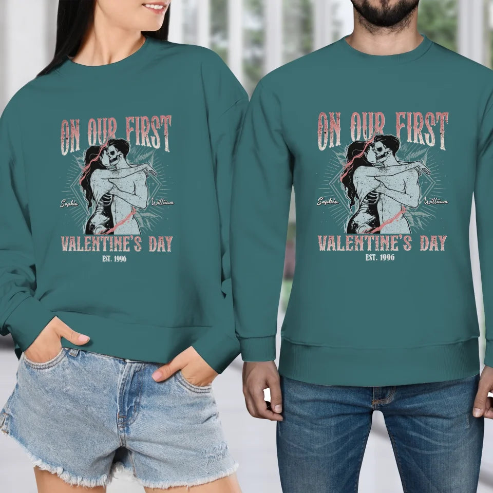 On Our First Valentine's Day Skull - Personalized Gifts For Couples - Unisex Sweater