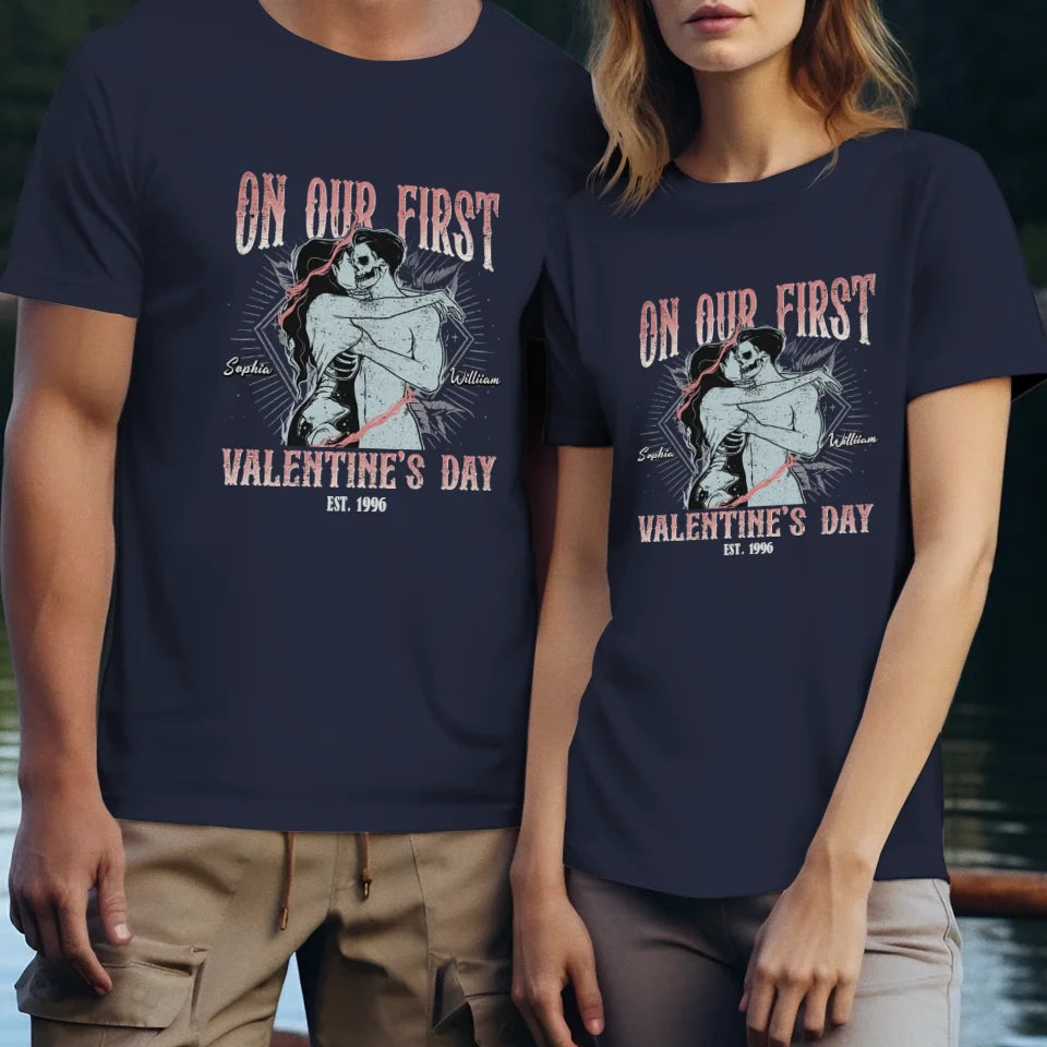 On Our First Valentine's Day Skull - Personalized Gifts For Couples - Unisex T-Shirt