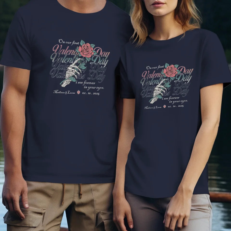 On Our First Valentine's Day Skull And Rose - Personalized Gifts For Couples - Unisex T-Shirt