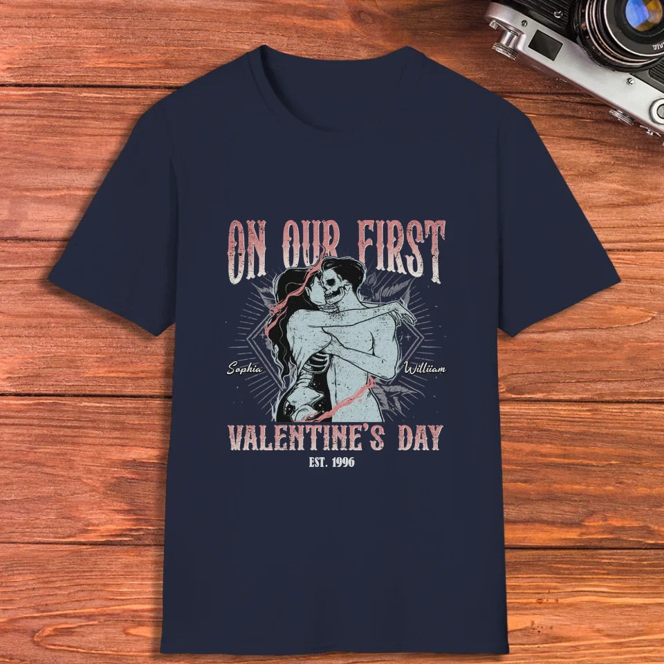 On Our First Valentine's Day Skull - Personalized Gifts For Couples - Unisex T-Shirt