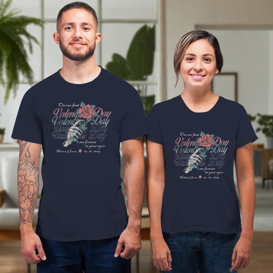 On Our First Valentine's Day Skull And Rose - Personalized Gifts For Couples - Unisex T-Shirt