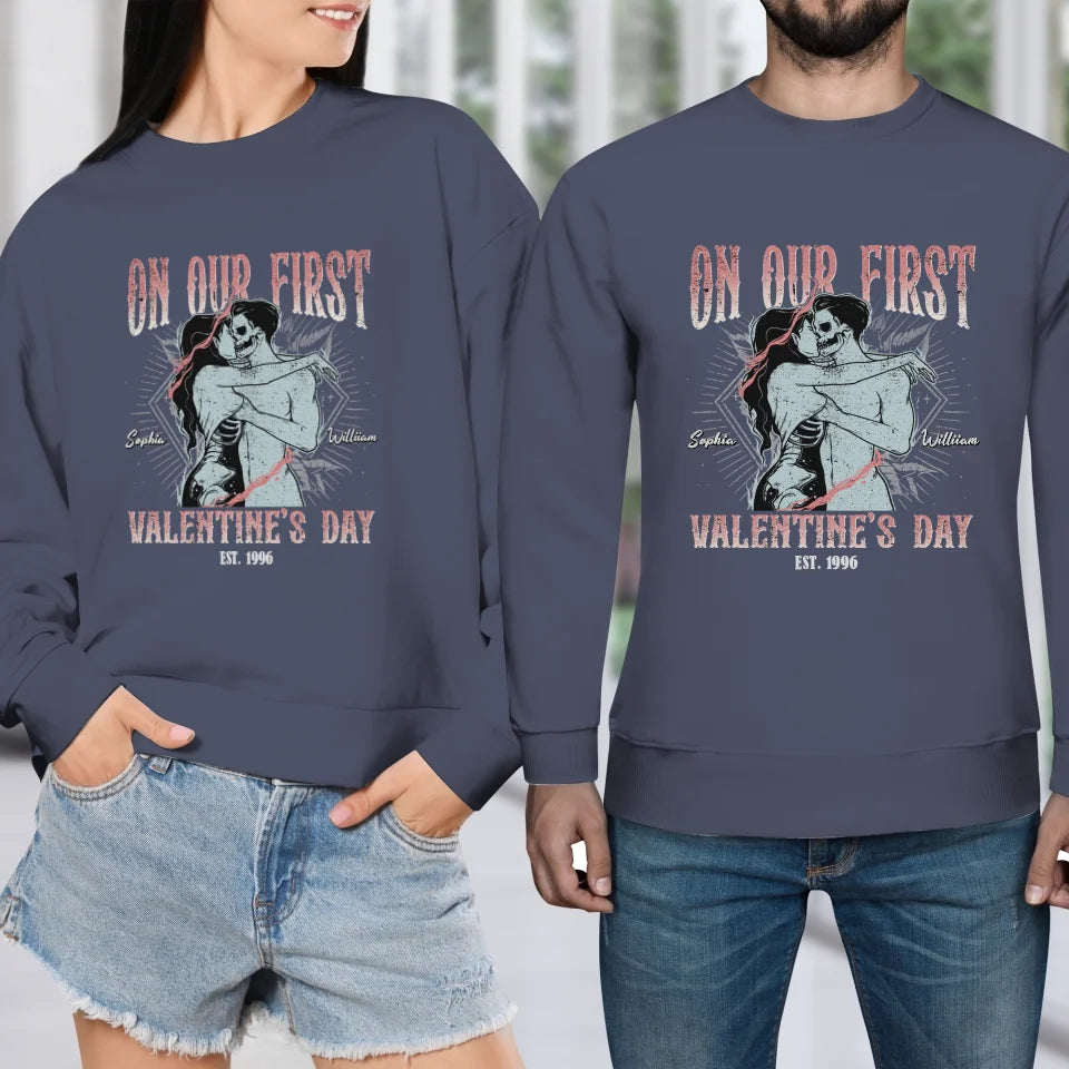 On Our First Valentine's Day Skull - Personalized Gifts For Couples - Unisex Sweater