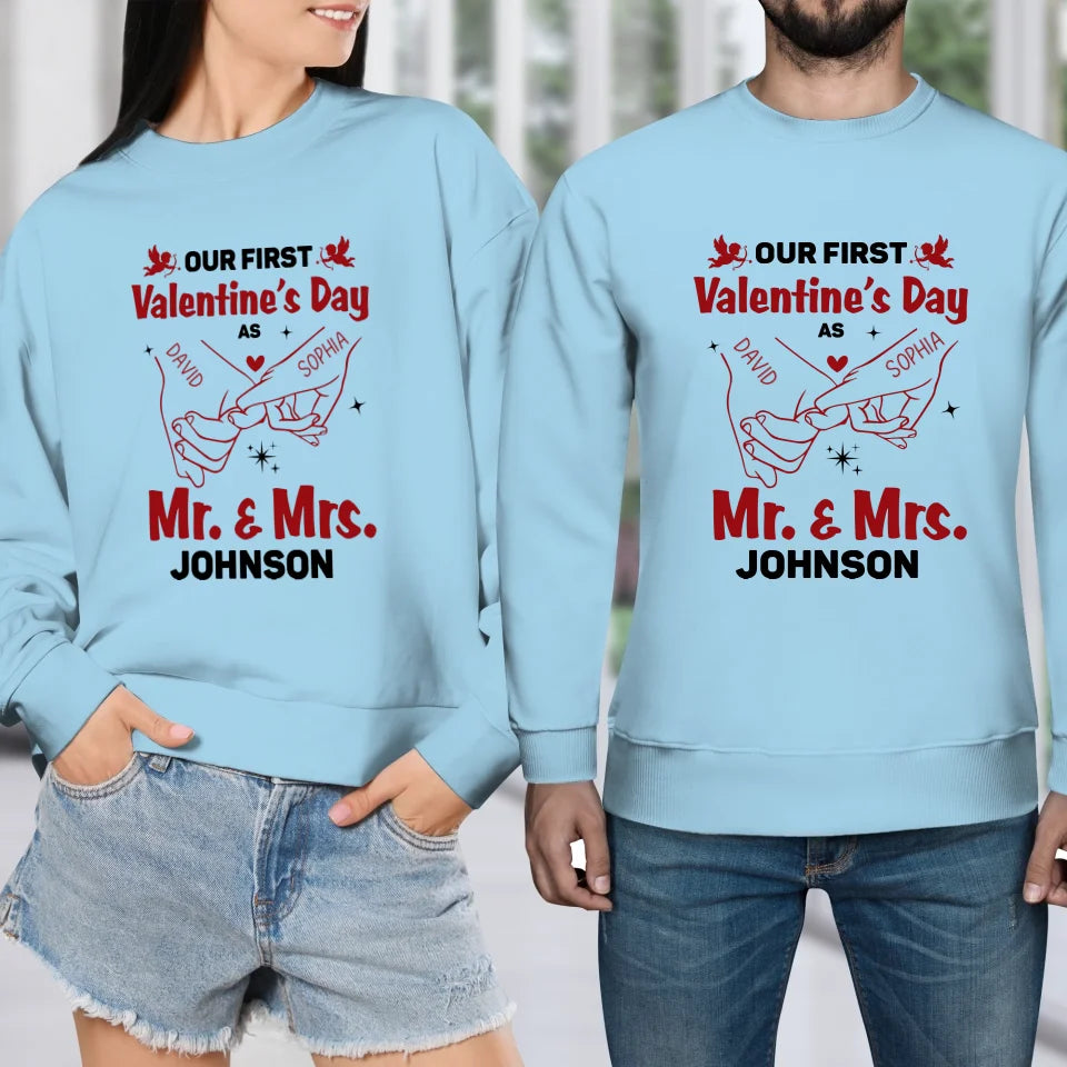 Our First Valentine's Day As Mr & Mrs, Pinky Hand Sketch Style - Personalized Gifts For Couples - Unisex Sweater