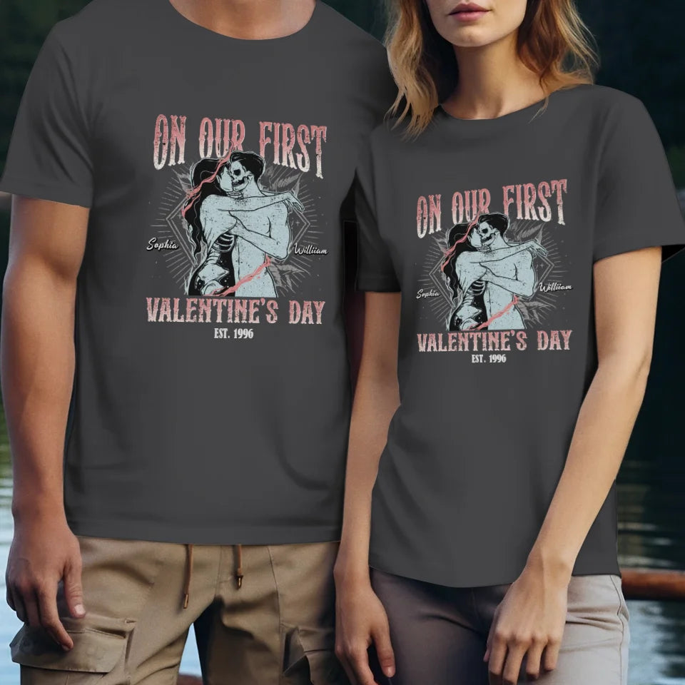 On Our First Valentine's Day Skull - Personalized Gifts For Couples - Unisex T-Shirt