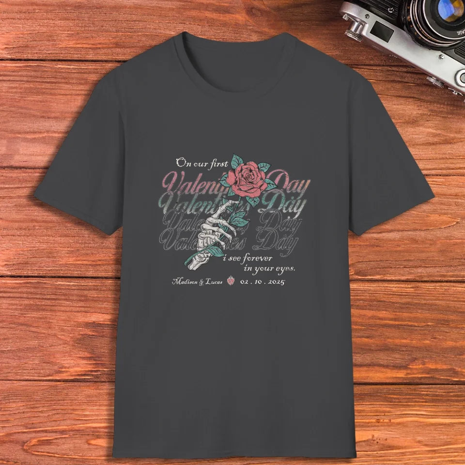 On Our First Valentine's Day Skull And Rose - Personalized Gifts For Couples - Unisex T-Shirt