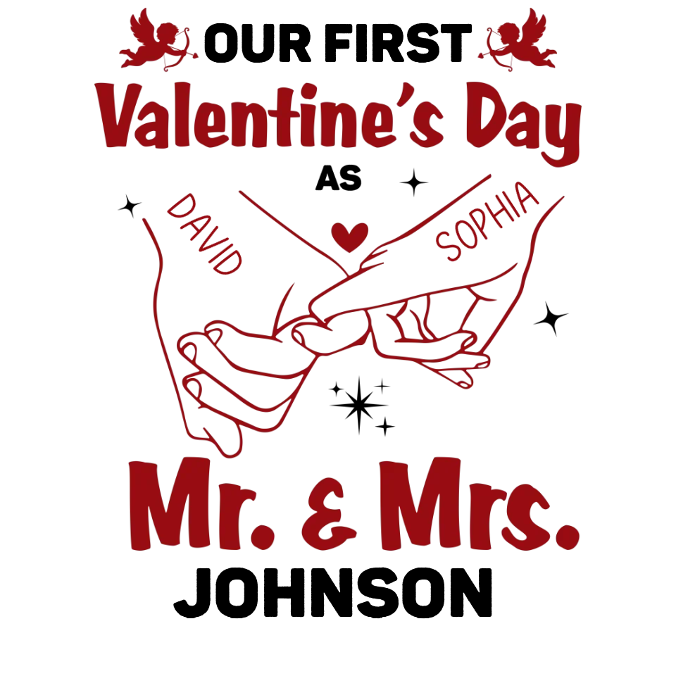 Our First Valentine's Day As Mr & Mrs, Pinky Hand Sketch Style - Personalized Gifts For Couples - Unisex T-Shirt