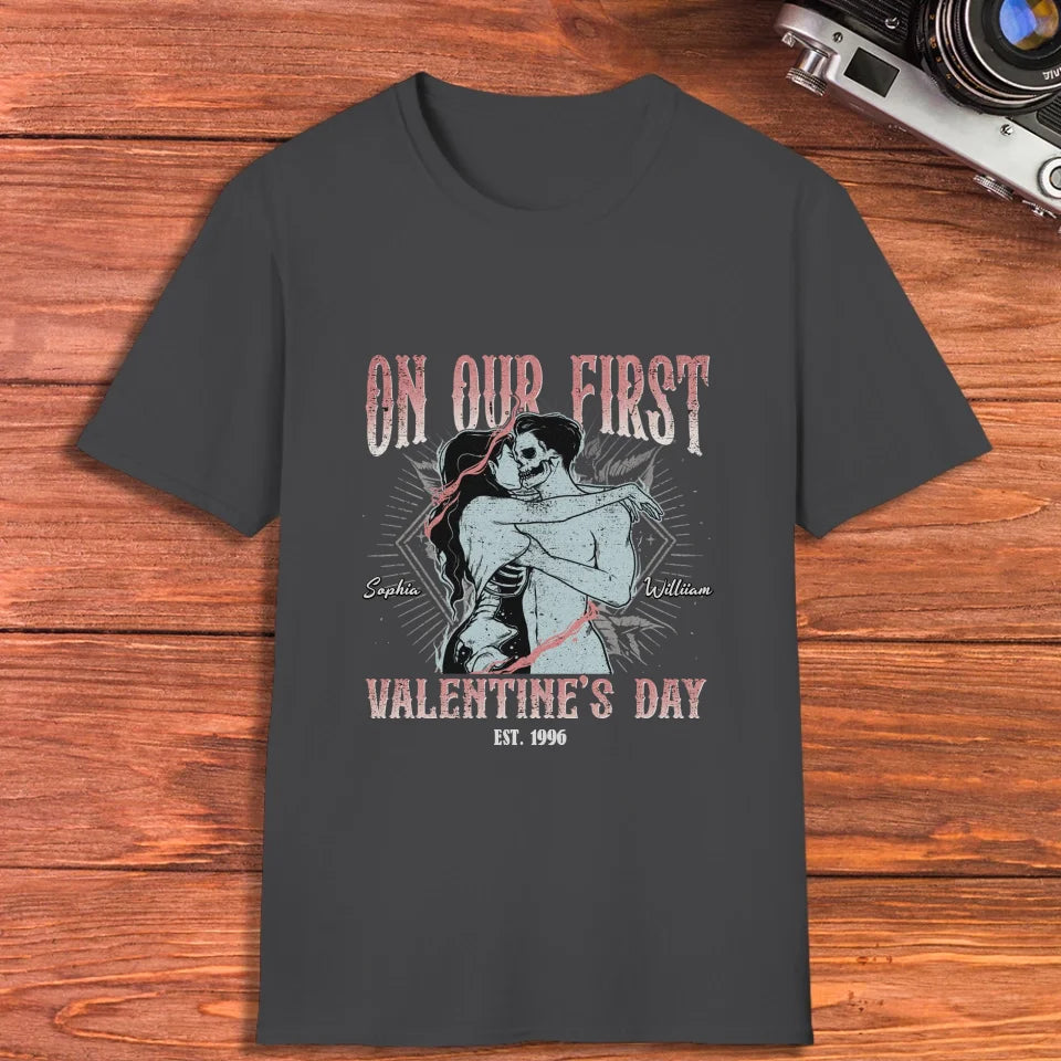 On Our First Valentine's Day Skull - Personalized Gifts For Couples - Unisex T-Shirt