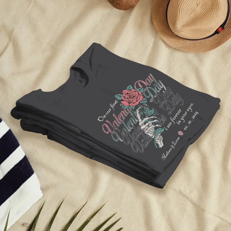 On Our First Valentine's Day Skull And Rose - Personalized Gifts For Couples - Unisex T-Shirt