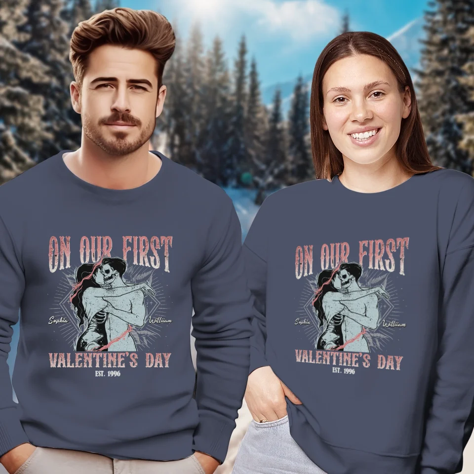 On Our First Valentine's Day Skull - Personalized Gifts For Couples - Unisex Sweater