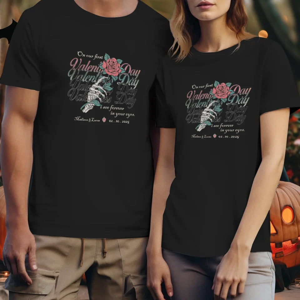 On Our First Valentine's Day Skull And Rose - Personalized Gifts For Couples - Unisex T-Shirt