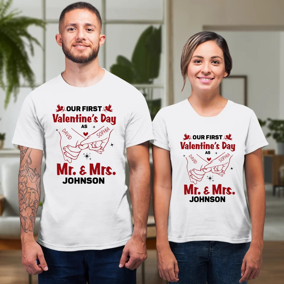 Our First Valentine's Day As Mr & Mrs, Pinky Hand Sketch Style - Personalized Gifts For Couples - Unisex T-Shirt