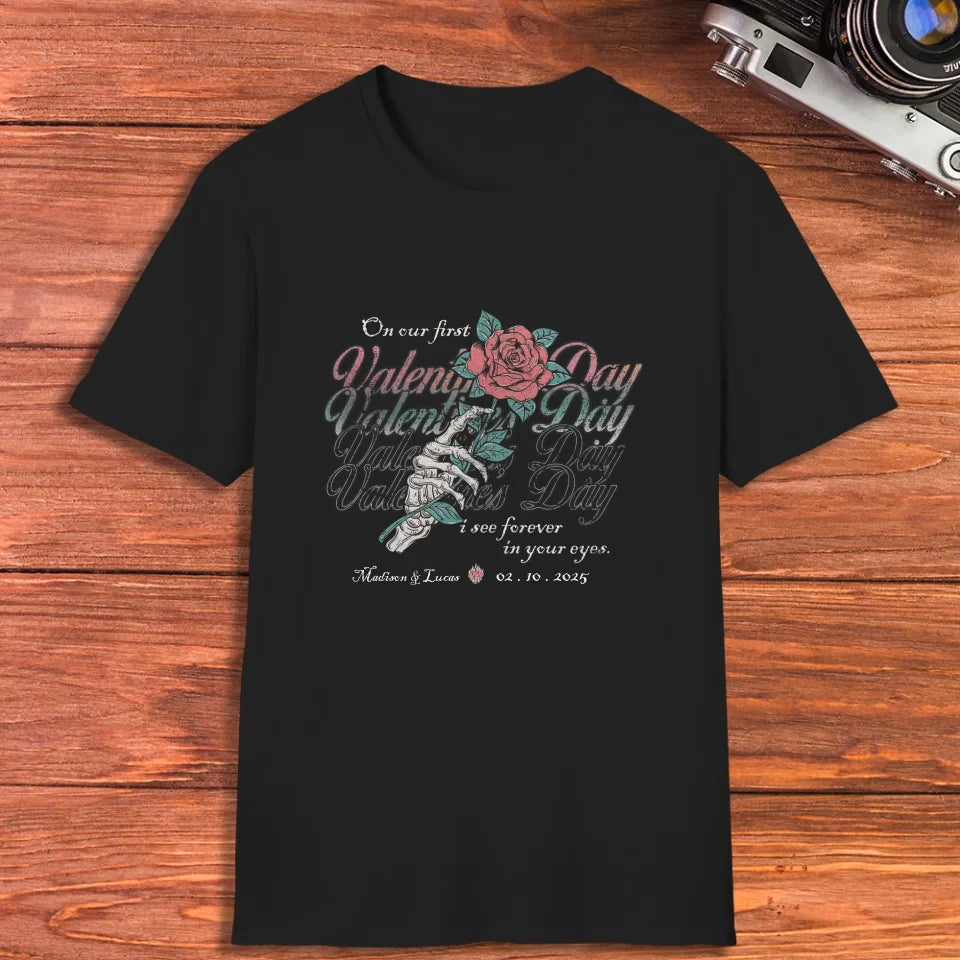 On Our First Valentine's Day Skull And Rose - Personalized Gifts For Couples - Unisex T-Shirt