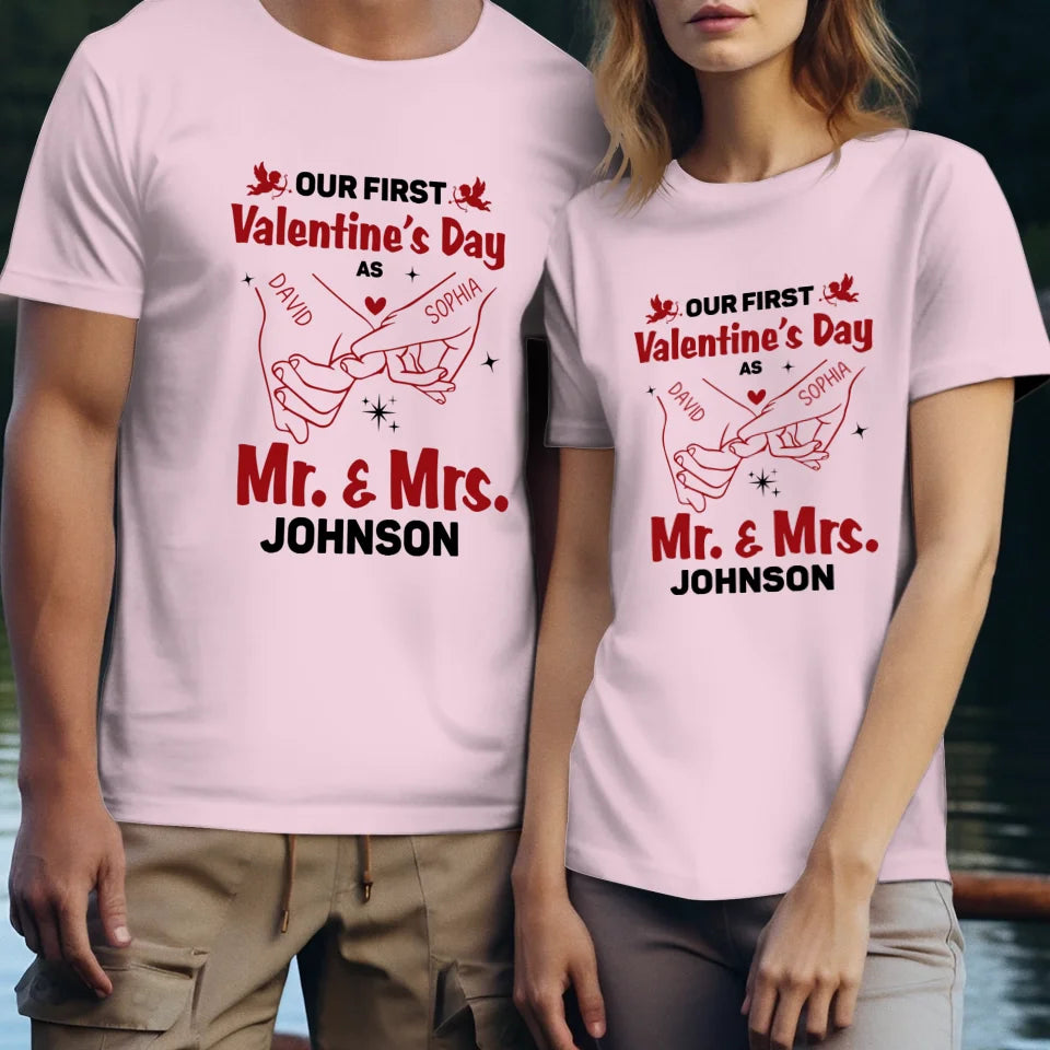 Our First Valentine's Day As Mr & Mrs, Pinky Hand Sketch Style - Personalized Gifts For Couples - Unisex T-Shirt