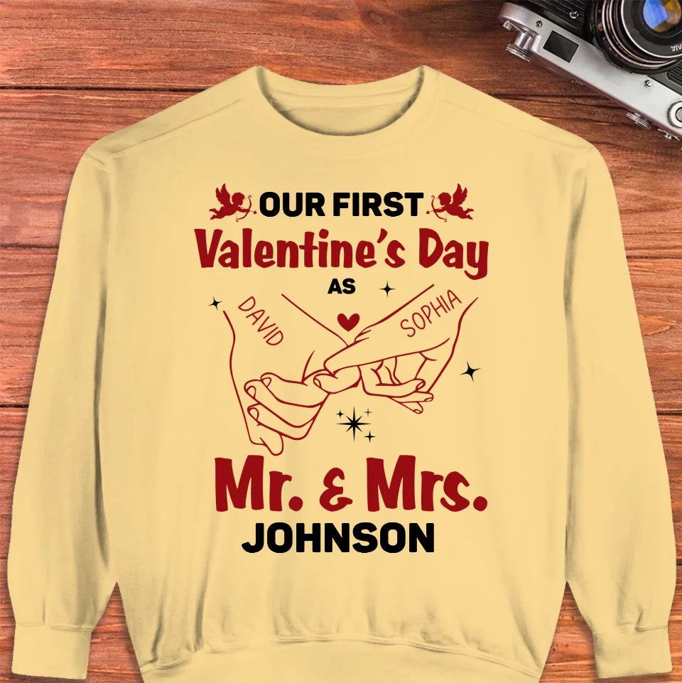 Our First Valentine's Day As Mr & Mrs, Pinky Hand Sketch Style - Personalized Gifts For Couples - Unisex Sweater