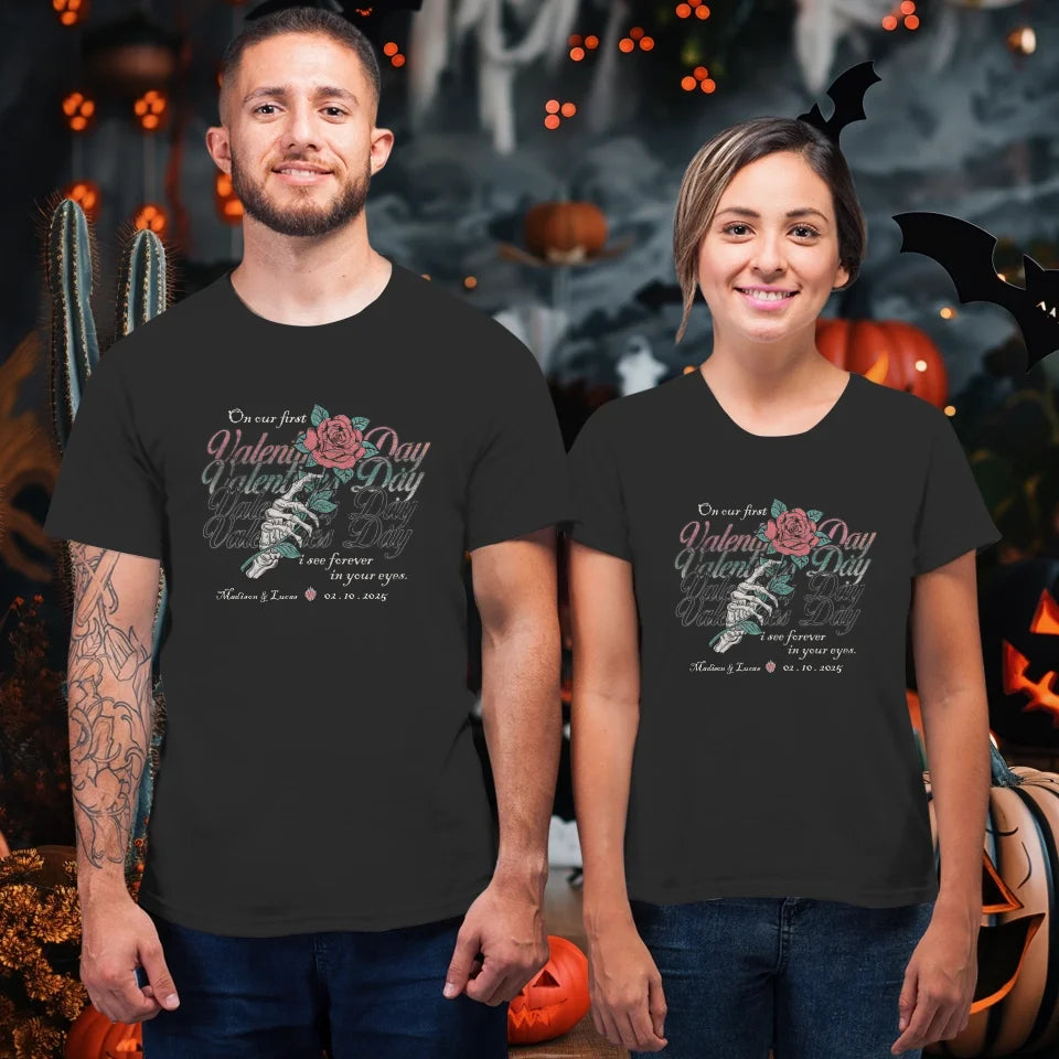 On Our First Valentine's Day Skull And Rose - Personalized Gifts For Couples - Unisex T-Shirt