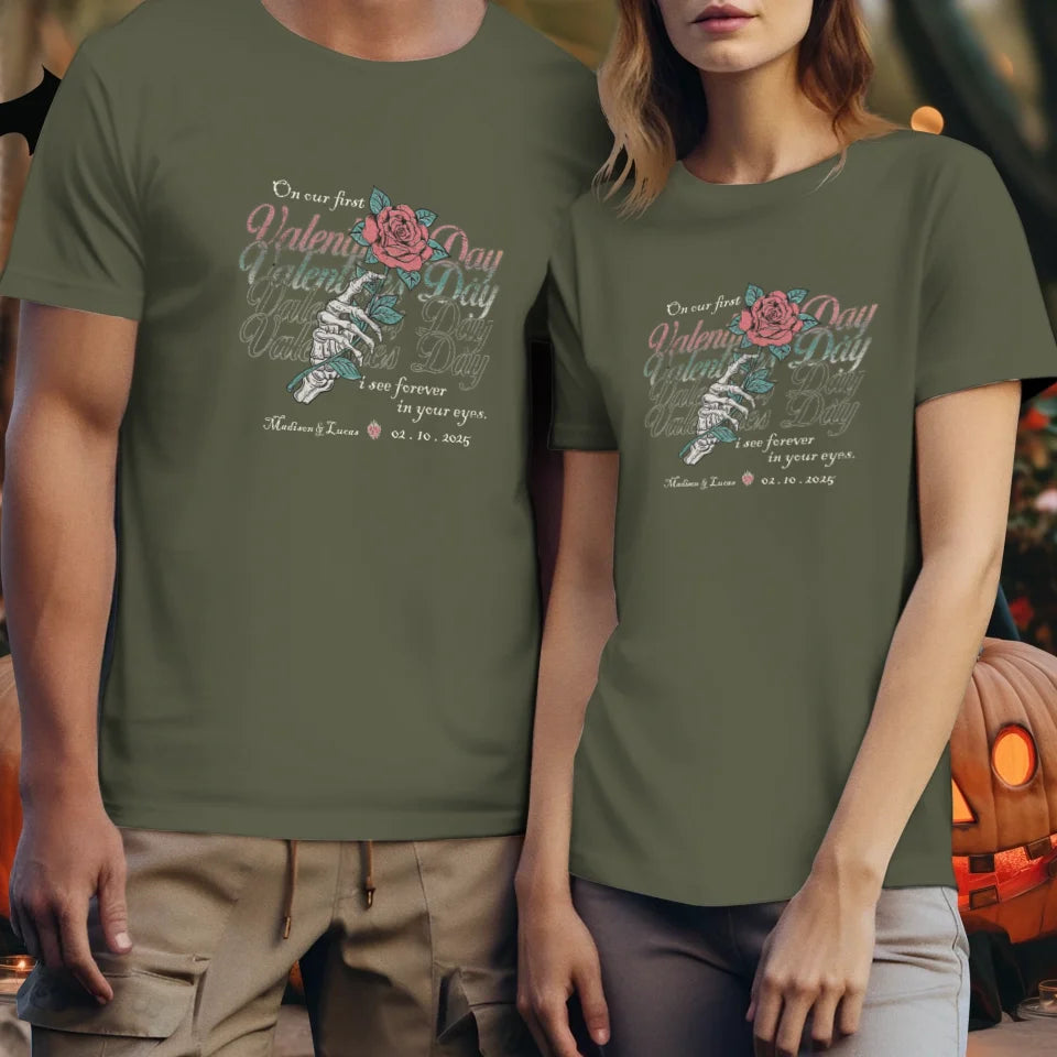 On Our First Valentine's Day Skull And Rose - Personalized Gifts For Couples - Unisex T-Shirt