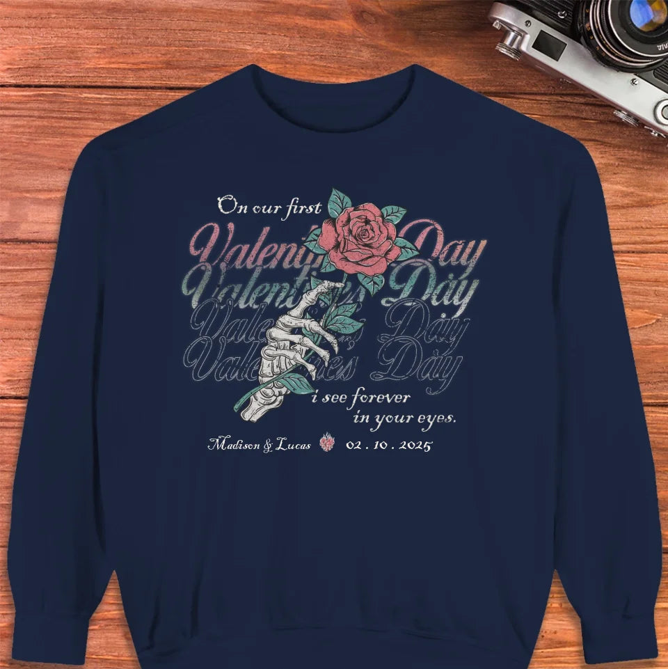 On Our First Valentine's Day Skull And Rose - Personalized Gifts For Couples - Unisex Sweater