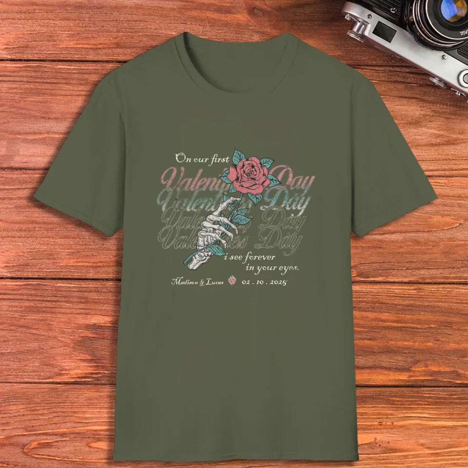 On Our First Valentine's Day Skull And Rose - Personalized Gifts For Couples - Unisex T-Shirt