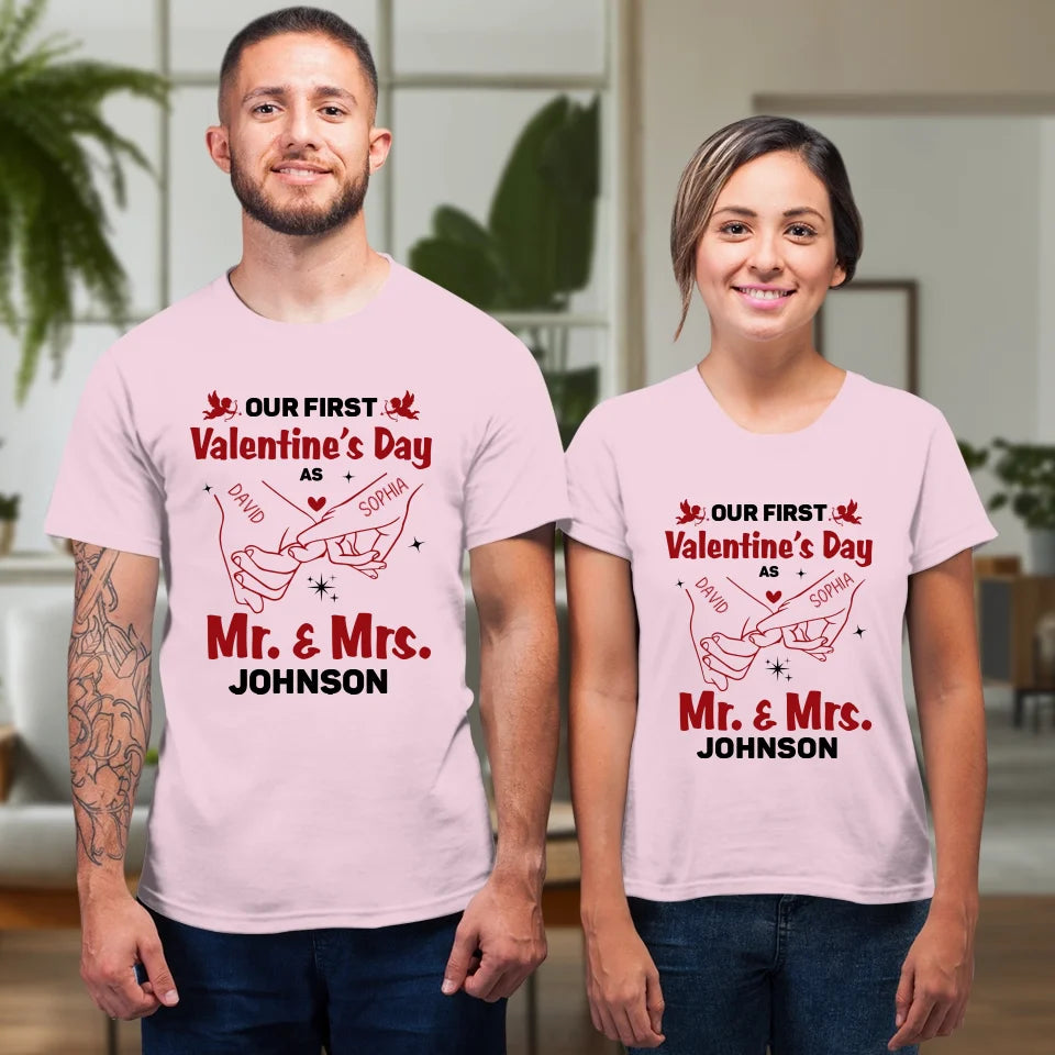 Our First Valentine's Day As Mr & Mrs, Pinky Hand Sketch Style - Personalized Gifts For Couples - Unisex T-Shirt