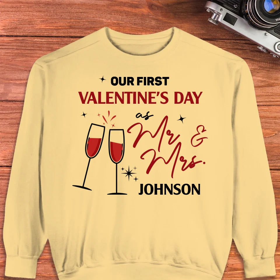 Our First Valentine's Day As Mr & Mrs, Wine Glass Cheer - Personalized Gifts For Couples - Unisex Sweater