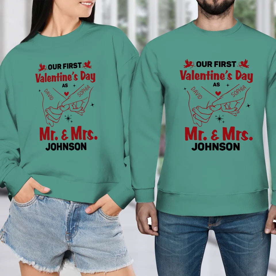 Our First Valentine's Day As Mr & Mrs, Pinky Hand Sketch Style - Personalized Gifts For Couples - Unisex Sweater