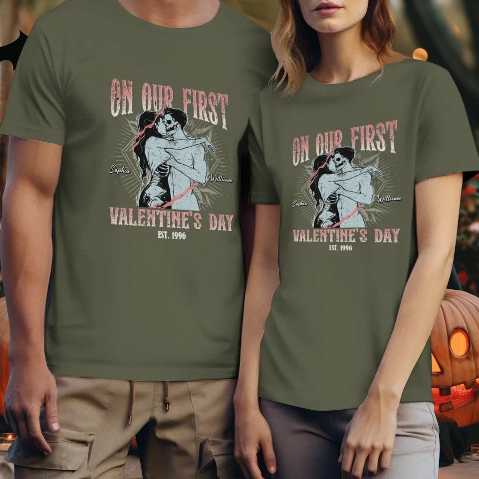 On Our First Valentine's Day Skull - Personalized Gifts For Couples - Unisex T-Shirt