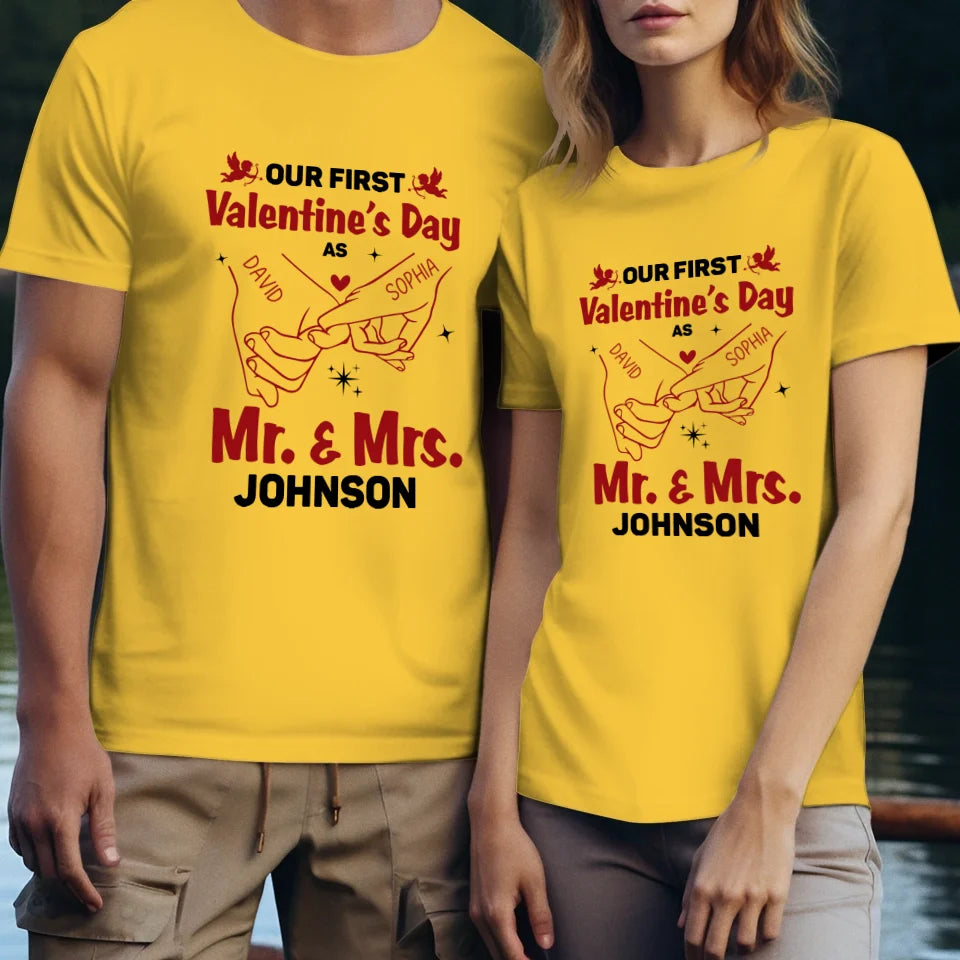 Our First Valentine's Day As Mr & Mrs, Pinky Hand Sketch Style - Personalized Gifts For Couples - Unisex T-Shirt