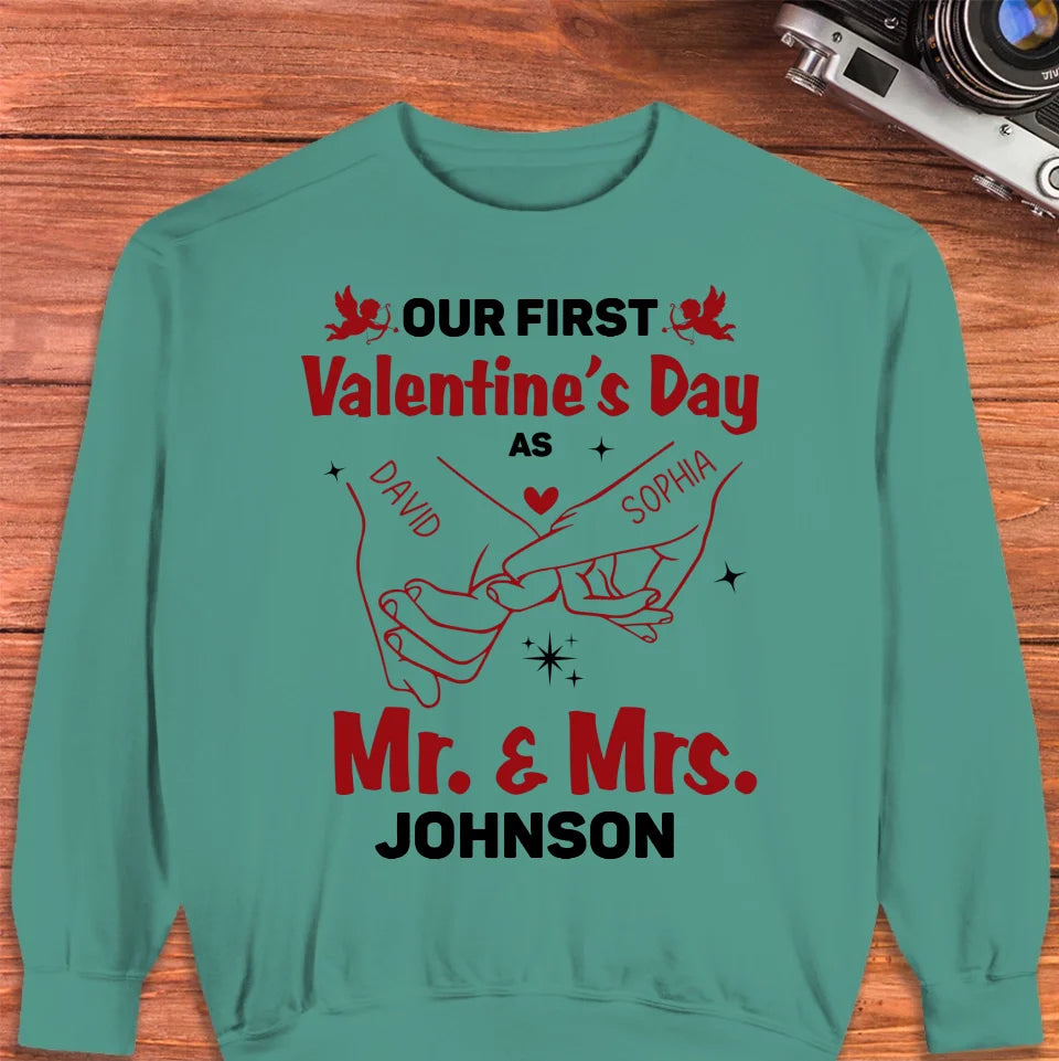 Our First Valentine's Day As Mr & Mrs, Pinky Hand Sketch Style - Personalized Gifts For Couples - Unisex Sweater