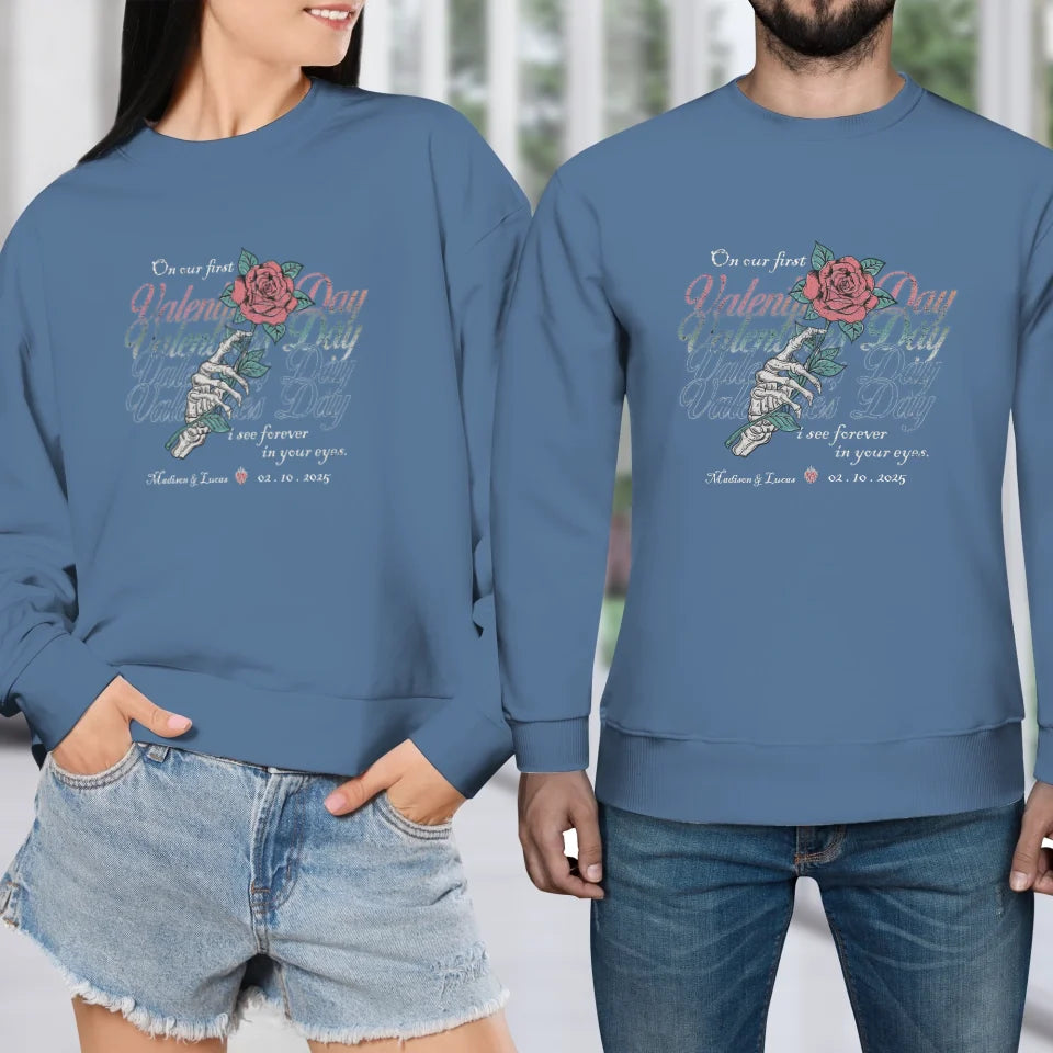 On Our First Valentine's Day Skull And Rose - Personalized Gifts For Couples - Unisex Sweater