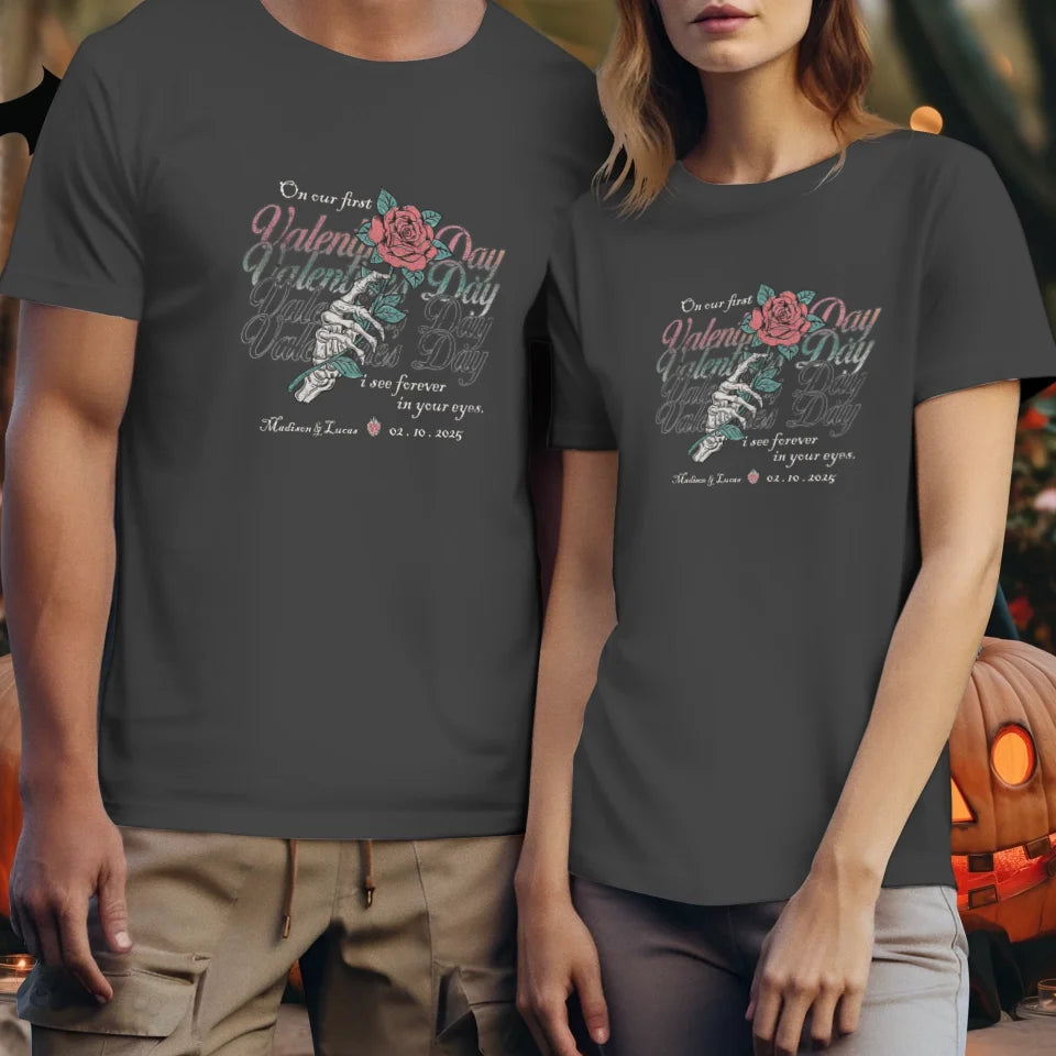 On Our First Valentine's Day Skull And Rose - Personalized Gifts For Couples - Unisex T-Shirt