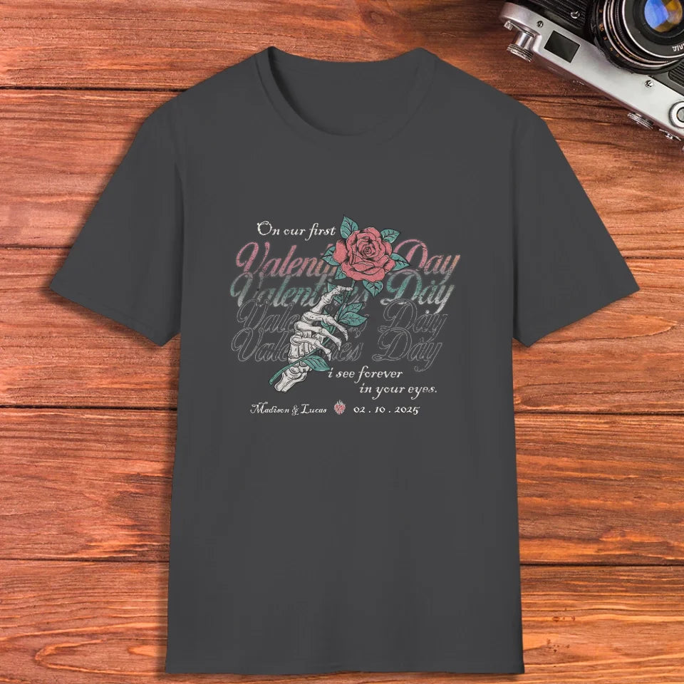 On Our First Valentine's Day Skull And Rose - Personalized Gifts For Couples - Unisex T-Shirt