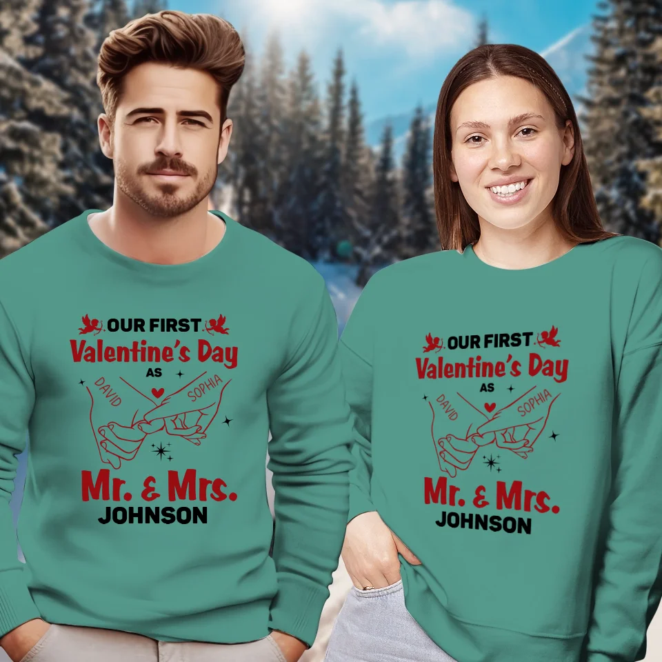 Our First Valentine's Day As Mr & Mrs, Pinky Hand Sketch Style - Personalized Gifts For Couples - Unisex Sweater