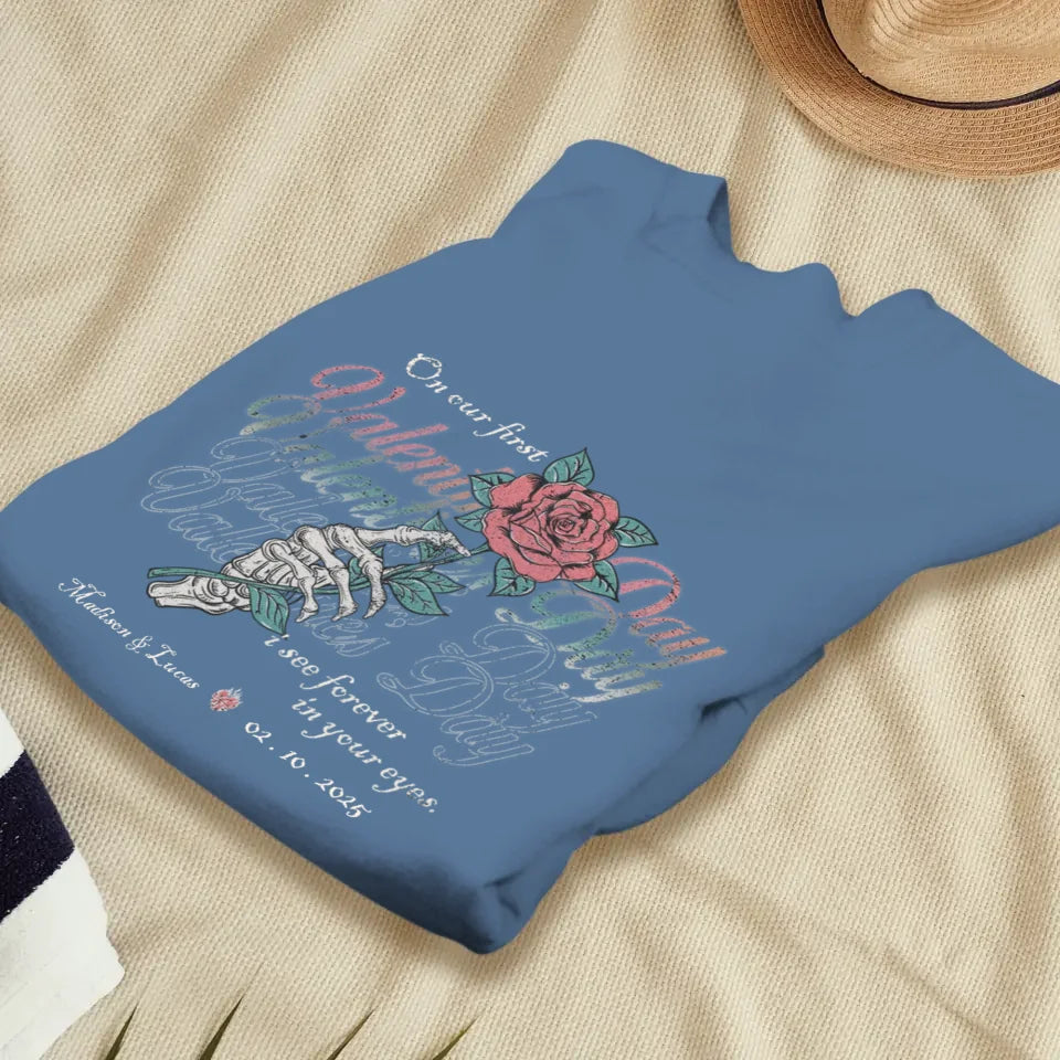 On Our First Valentine's Day Skull And Rose - Personalized Gifts For Couples - Unisex Sweater