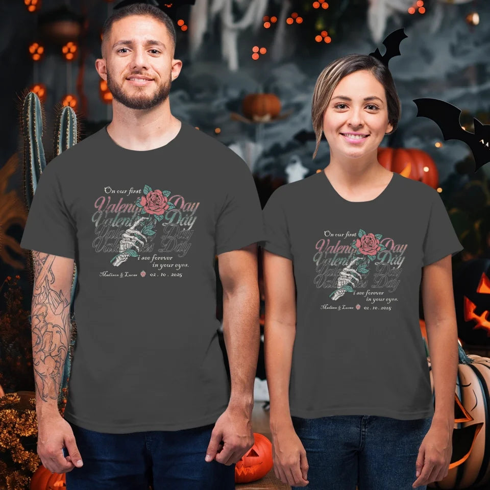 On Our First Valentine's Day Skull And Rose - Personalized Gifts For Couples - Unisex T-Shirt