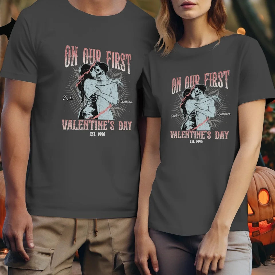 On Our First Valentine's Day Skull - Personalized Gifts For Couples - Unisex T-Shirt