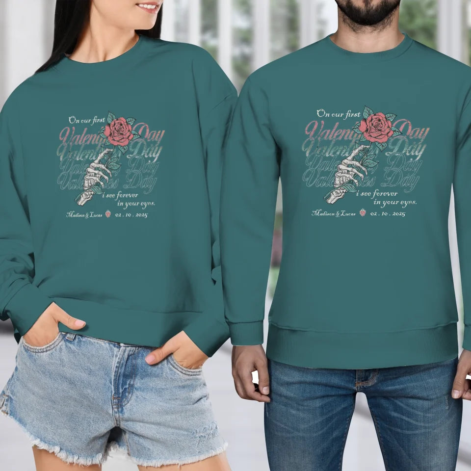 On Our First Valentine's Day Skull And Rose - Personalized Gifts For Couples - Unisex Sweater